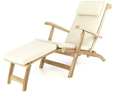 Divero eleganter Deckchair Florentine Liegestuhl Steamer Chair Teakholz unbehandelt inkl. Liegenauflage mit Kopfteil Creme wasserabweisend