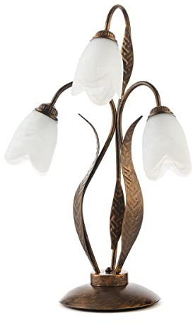 ONLI - Lampe de table 3 lumières en métal marron avec nuances dorées et verres tulipe bancs satinés