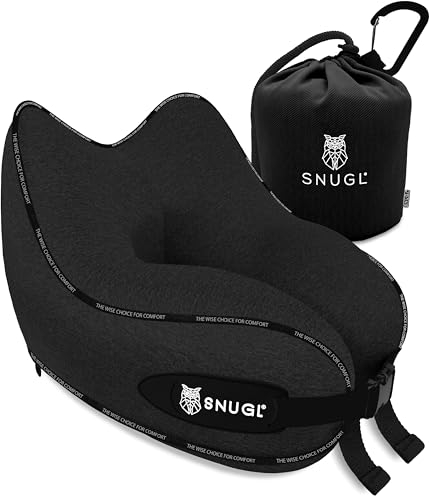 SNUGL Travel Pillow – Memory Foam Neck Pillow for Travel – Support Cushion for Airplane with Carry Bag & Clip - Holiday Essentials (Black - Adult Regular)