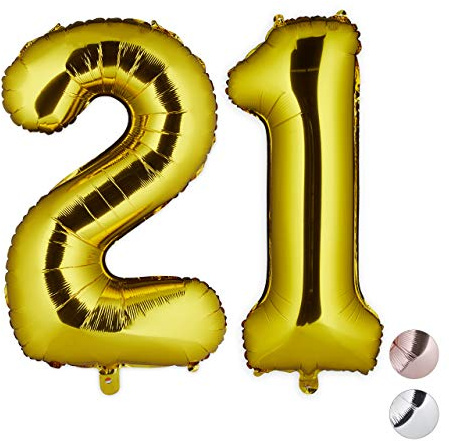 Relaxdays Folienballon Zahl 21, Dekoballon für 21. Geburtstag, Ösen zum Aufhängen, XXL Zahlenballon, 85-100 cm, Gold