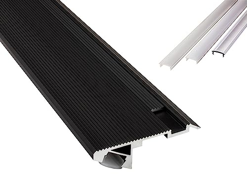 B-WARE - T-STA 30° LED Alu Treppenprofil Treppenwinkel Profil Stufen schwarz + Abdeckung 2m milky