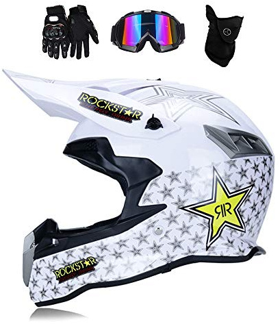 MRDEAR Motocross Helm Weiß/ Rockstar, Motorrad Off Road Crosshelm mit Brille Handschuhe Maske, Enduro MTB Helm Fullface Fahrrad Helm Cross Helm Motorradhelm für Downhill Bike ATV BMX,XL