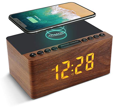ANJANK Wooden Digital LED Alarm Clock FM Radio, Fast Wireless Charger Station for iPhone/Samsung Galaxy, 5 Level Dimmer, USB Charging Port, 9 Sounds, Sleep Timer for Bedroom, Bedside, Desk