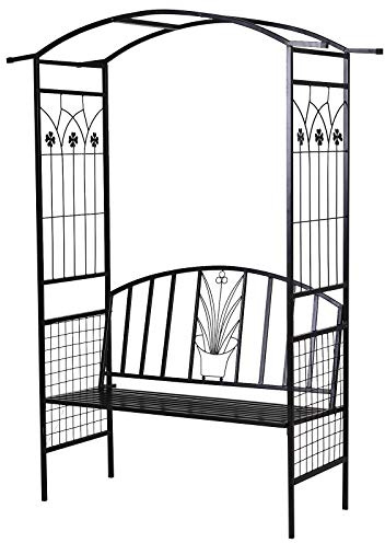 Outsunny Pflanzbogen mit Bank Bogendach Metall 154 x 60 x 205 cm Schwarz | Sitzbank, Torbogen, Rankgitter, Rankhilfe, Garten