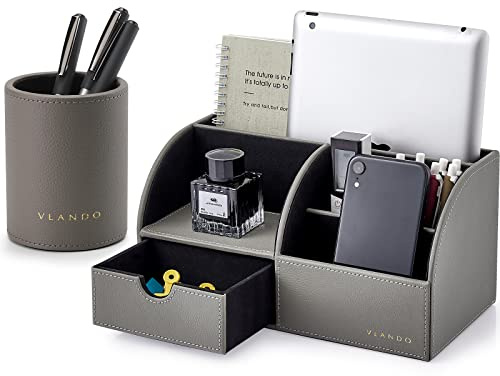 Büro-Schreibtisch-Organizer – Vlando Leder Schreibtisch-Organizer Caddy mit Schublade zur Aufbewahrung von Schreibtischzubehör und Zubehör (graues Set)