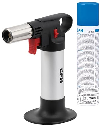 CFH Küchenbrenner KB 80 – 1,10 kW, Piezozündung, Butan/Propan, nachfüllbar, inkl. Nachfüllgas 100 ml, für Crème Brûlée und Küche