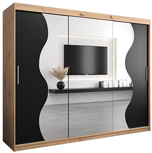 ABIKSMEBLE Armoire à Portes coulissantes Madryt 250 Armoire avec Tringle et étagère Armoire avec Miroir de Chambre à Coucher (Chêne Artisan + Noir Mat)
