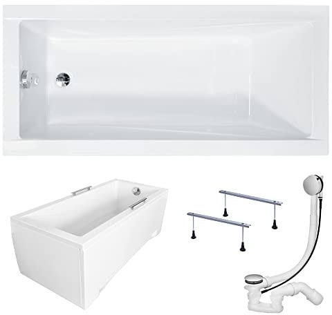 KOLMAN Badewanne MODERN Rechteck 160x70 mit AcrylSchürze, Ablaufgarnitur und Füßen Komplettset 4in1 Premium Original Acryl Wanne Siphon