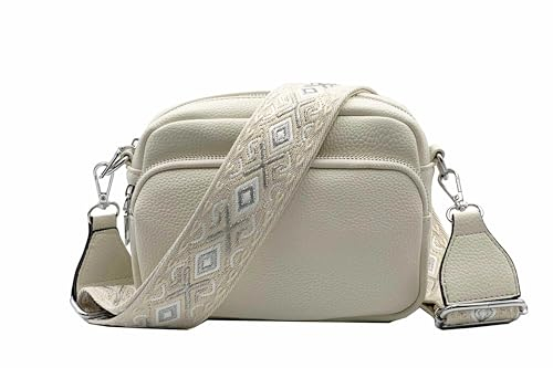 stylx Crossbody Bag Damen Leder Breiter Gurt Handtasche Umhängetasche Moderne Taschen mit breitem Schultergurt,Abnehmbarer Schultergurt,Schwarz. (beige)