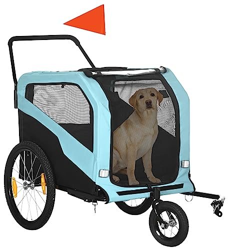 PawHut 2-in-1 Hundeanhänger, Fahrradanhänger für Hunde, Hundewagen mit Reflektoren, Hundebuggy max. 30 kg, Hundefahrradanhänger für Große Hunde, Oxford-Gewebe, Blau