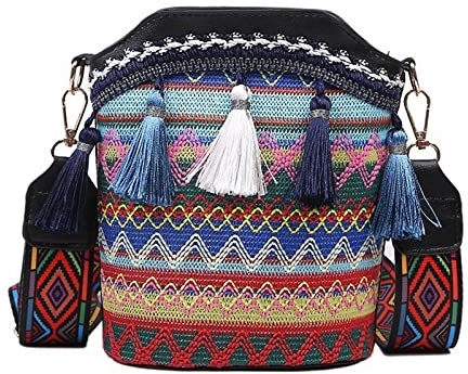 Duiaynke Frauen Stickerei Schulter Handtaschen, Boho Stil Helle Fransen Mode Eimer Tasche, Crossbody Taschen, Handtasche, Schwarz