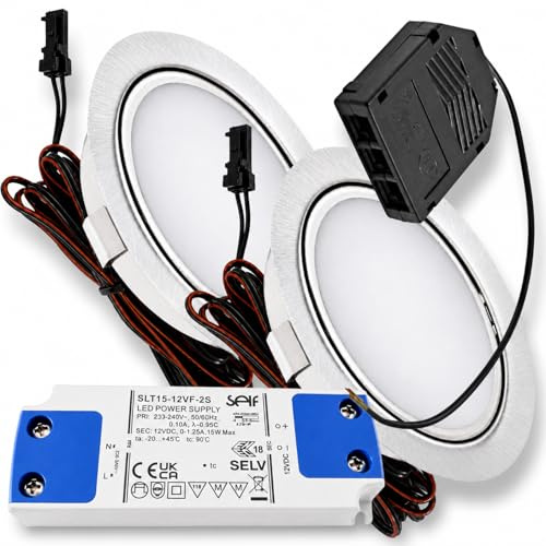 Rolux 2er Set LED Möbeleinbauleuchte Emma 12V 3W Warmweiß 3000K | Ultra flach Ø65mm Einbaustrahler | 180lm | inkl. LED Trafo & Mini-Verteiler | Für Möbel, Küche, Schrank | Einfache Montage, IP20