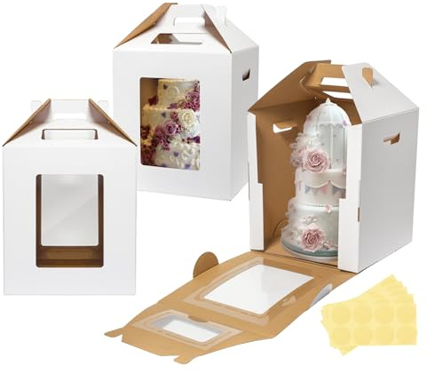 Wowxyz 3 Pack Tall Cake Boxes for Tier Cakes 10x10x12 Inch Disposable Layer Tall Cake Baking with Window Large Tierd Bakery Take Out Transport Containers with Handle for Wedding, Birthday, Party