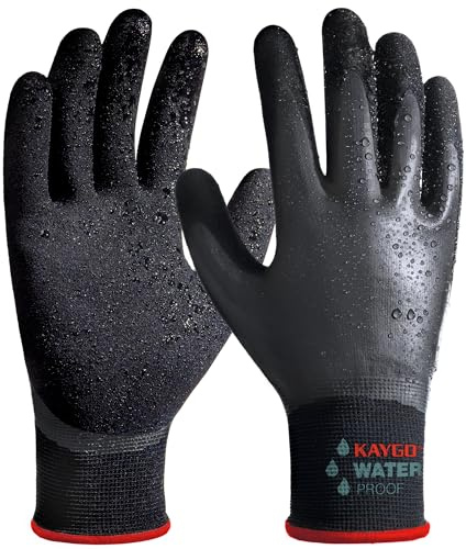 KAYGO guanti da lavoro impermeabili per uomini e donne con doppio lattice rivestito, antiscivolo grip, per giardinaggio, lavaggio auto, pesca, pulizia, KG150 (Nero, S, taglia 7, 1 paio)