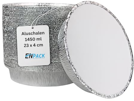 Enpack Aluschale C803-1450L - 100 Stück Aluschalen mit Deckel 23cm - Wärmebehälter 1450ml - Fettauffangschale als Lebensmittelaufbewahrung, Auflaufform, Food Container - feuerfeste Alu Tropfschale