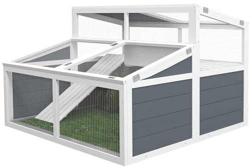 PawHut Casa Recinto Gabbia per Piccolo Animale Tartaruga con 2 Spazi Tetto in Policarbonato 3 Porte Rampa 115 x 115 x 82 cm Grigio