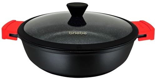 briebe Black Titanium Induction Non-Stick Low Cookware Casserole 30 cm, Cast Aluminum, PFOA-Free Coating, Glass Lid, Silicone Handles, Ceramic Glass, Gas, Oven