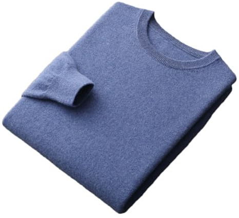 Maglione 100% Lana Merino Uomo Girocollo Pullover Top Tinta Unita Senza Cuciture Jumper Basic, Blu, M