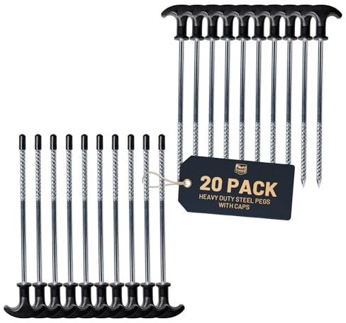 TIMBER RIDGE 20 Pack Tent Pegs Heavy Duty for Hard Ground, Rust Proof Spiral Thread Steel Tent Peg & Awning Pegs for Camping Stakes Garden Hiking Trip Bivvy Outdoor (20 Pack)