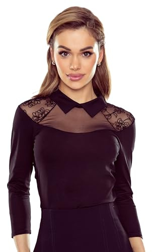 Selente #Fashionista Seducente Top da donna / camicia/camicetta con pizzo e rete trasparente (Made in EU), Camicetta pizzo manica a 3/4 nera, L