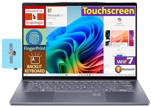 acer Swift 14 Alimentato con AI Laptop 14.5 Touchscreen IPS WQXGA Display (Qualcomm Snapdragon X Elite X1E-78-100, 16GB LPDDR5X, 2TB PCIe SSD, Win 11 Pro) w/MS 365 Personal, DKZ USB Port Expander