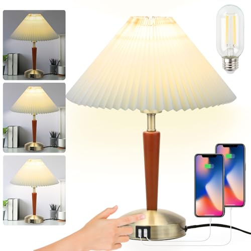 LALISU Tischleuchte Nachttischlampe mit Alabasterglas, Messing matt, Bronze | Touchdimmung mit 3 Helligkeitsstufen, 2 USB Schnellladeports (5V/2,1A), Nachttischlampe für Schlafzimmer Wohnzimmer