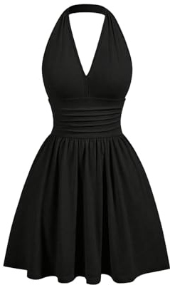 SweatyRocks Damen A Linie Kleid Neckholder Sommerkleid mit Rüschen Ärmelloses Trägerkleid Kurzes Skaterkleid Freizeitkleid Partykleid Schwarz L