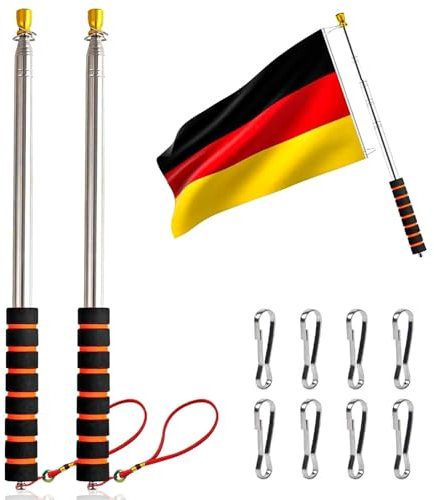 Hnjindong 2 unidades de 3 m telescópicas de acero inoxidable, mástil de bandera de mano con clips, barra telescópica extensible, para camping, viajes, competiciones, profesores, guías de viaje