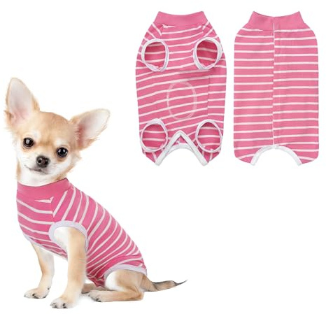 PawSailor Tuta Chirurgica Righe per Cani Body Post Operatorio Cane Vestito Post-Intervento Unisex in Cotone Morbido con Bottoni, Protezione Ferite per Sterilizzazione o Convalescenza, Rosa XS