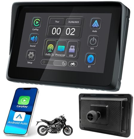 HOUTIAXDYT Aggiornato Stereo Portatile Senza Fili per Moto Doppio Bluetooth Impermeabile IPX7, Schermo Carplay e Android Auto per Moto, Touch Screen da 5 pollici, Navigazione GPS