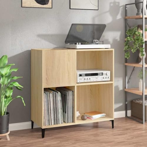 Makastle Meuble Platine Vinyle, Rangement Vinyle, Support de Tourne-Disque, avec Étagère, Étagère de présentation, chêne sonoma 84,5x38x89 cm bois d'ingénierie