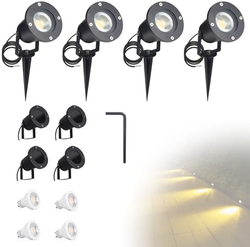 CPROSP 4er Set GU10 Gartenstrahler mit Erdspieß, für Wege, Warmweiß 3000K | 5 W LED Außenstrahler IP65 Wasserdicht; Inklusive LED Birnen; Ideal; Beete und Terrassen; mit 150 cm Stromkabe