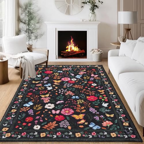 MAST DOO Teppich Wohnzimmer Waschbarer 140x200cm, Boho Blumen Kurzflor Wohnzimmerteppich Groß Teppich für Esszimmer Schlafzimmer Büro, Waschbar rutschfest Teppiche Blumen Design Carpet, Schwarz