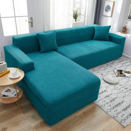 ABUKJM Sofabezug l Form, Sofaschoner für Wohnzimmer, Bequemer Stoff, rutschfest, pillingfrei, maschinenwaschbar, Passend für die meisten modularen Sofas,Lake Blue,3 Seater 190-230cm
