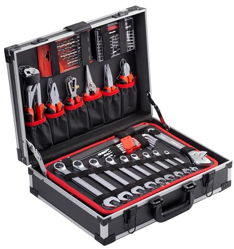 Meister Werkzeugkoffer 161-teilig – Stabiler Alu-Koffer – Gefüllt | Werkzeug-Set für Haus, Garage und Werkstatt mit Ratschen, Stecknüssen, Crimpzange und Bits – Umfangreicher Allrounder
