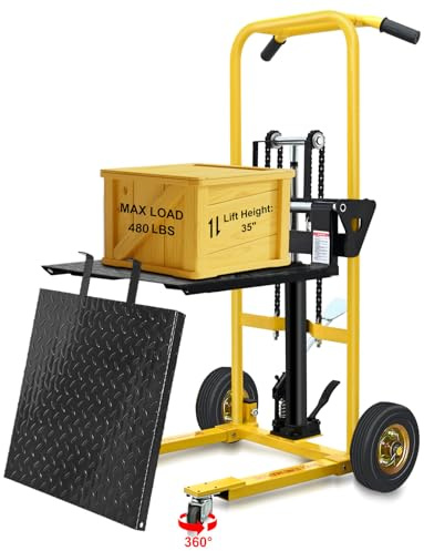 Hydraulic Material Lift, Pallet Jack Table Cart- 480-Lb. Capacity, 35in Lift. with Swivel Wheels, Steel Platform Board (03 Yellow, 480 LB)