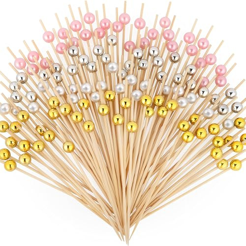 AstraGlam 200 Piezas de Palillos para Cóctel, Palillos de Madera, Palillos Decorativos con Perlas para Aperitivos, 12cm Palillos de Bambú para Fingerfood, Palillos de Madera para Alimentos, Bebidas,