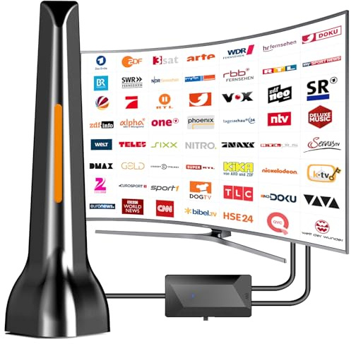 DVB-T/DVB-T2 Antenna, DVBT2 Antennas with Amplifier for Long Range and 360° Reception, Indoor Antenna for TV with Strong Magnetic Base - Supports 4K 1080P - All TV Devices DAB/UHF/VHF