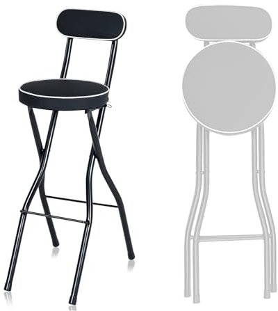 Sgabello da Bar Pieghevole con Poggiapiedi, Schienale Imbottito, Seggiolone Portatile per Adulti Per la Colazione in Cucina(Black,60cm/24in)