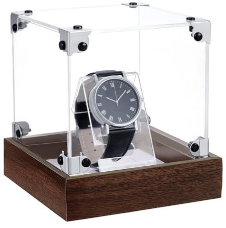 PH PandaHall Boîtes de Présentation pour Montres, Présentoir à Montre en Acrylique avec Base en Bois Support pour Bracelet et Bijoux Présentoir pour Montres Homme et Femme 11.8x11.8x13.1cm