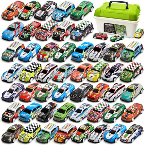 Coches para Niños, 50 Piezas Coches de Carreras con Caja de Almacenamiento, Coches Juguetes Niños de Metal de Retroceso, Navidad Cumpleaños Fiesta Regalos para Niños de 3 Años
