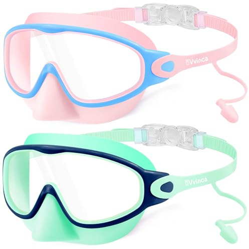 Vvinca Kids Swim Goggles 2 Pack with Nose Cover and Attached Earplugs, Wide View Anti-Fog/UV Swimming Goggles for Age 3-12 Boys Girls, No Leak Pool Water Clear Swimming Goggle for Youth Toddler