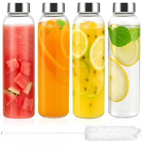 4pcs Glass Juice Bottles with Lids, 500ml Glass Water Drinking Bottles | Reusable Leakproof Clear Glass Bottles for Juicing,Sauce Jar, Hot & Cold Drinks, Milk,With Cleaning Brush