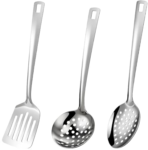 3Pcs Slotted Spoons for Cooking, Kitchen Utensil Set for Straining Pasta and Skimming Soup, Multipurpose Strainer Spoon with Slotted Spoon and Skimmer Spoon Design