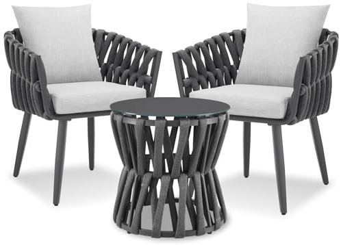 tectake® Gartenmöbel-Set Lugano Rope-Design, Aluminiumgestell, Tisch 2 Stühle, Dicke Sitzpolster, Gartenlounge, Loungemöbel, Gartensitzgruppe, Outdoor Lounge Set, Terrassenmöbel, Balkonmöbel