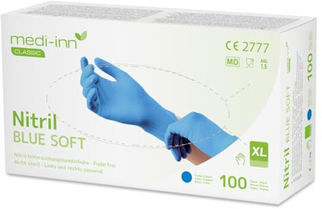 Medi-Inn Guantes desechables de nitrilo azul suave, talla XL, 100 unidades, nitrilo azul, en práctica caja dispensadora, sin látex y sin polvo