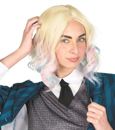 DEGUISE TOI - Perruque luxe ondulée blonde à mèches bleues et roses adulte - Perruque - Taille Unique - Bleu - Accessoires pour déguisement - Cheveux synthétiques - Laver à la main - Halloween
