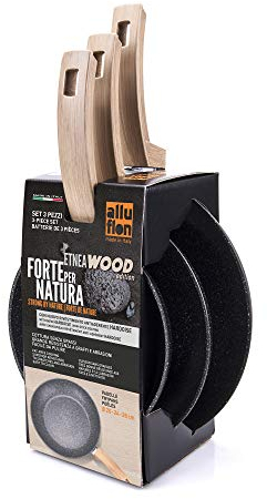 [Amazon Exclusive] ALLUFLON Etnea Wood Edition Set da 3 Padelle, Alluminio, Antiaderente, Nero, 20 - 24 - 28 cm