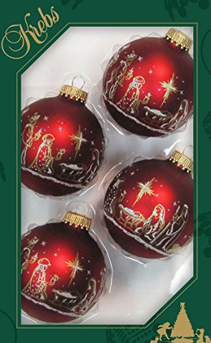 Dekohelden24 - Lauschaer Christbaumschmuck 4er Set Kugeln rot matt mit Dekor Heilige Familie - 50 Schnellaufhänger gratis