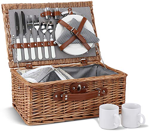 2 Personen Wicker Picknickkorb Set mit isoliertem Kühler, Picknickkorb mit Bechern, Besteck, Weingläsern, Tellern und Servietten